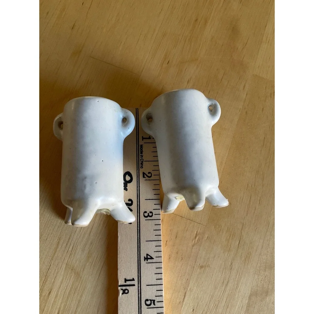 Vintage White Ceramic Face Salt Pepper Shakers Set Tripod Folk Art Minimalist